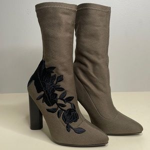 Qupid Parma Khaki Stretch Knit Embroidered Flower Calf Boots NIB